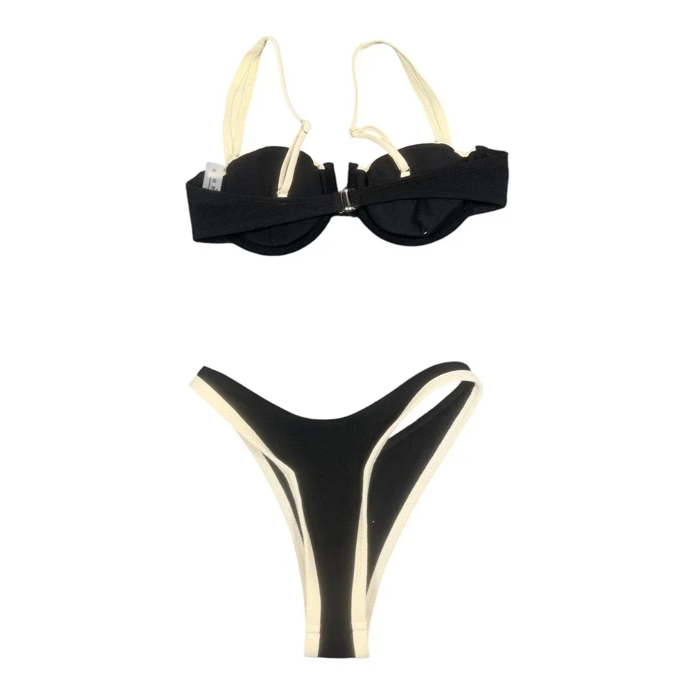 Black Cream Bikini Set‎ Womens Small Underwire High Cut Thong Swimsuit